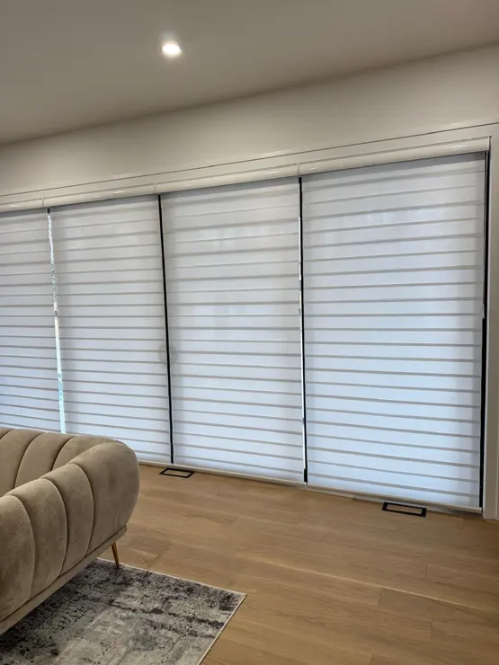 Zebra shades across living room windows